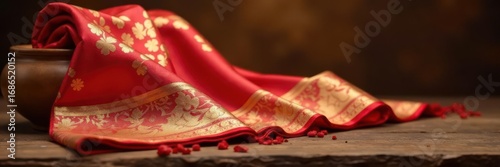 Luxurious Banarasi sari, gold & red, displayed on wooden stand, fabric, sari