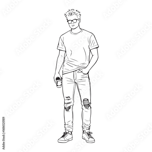 Handsome Man Black and White Illustration Vector Image Male Portrait Fashion Sketch Line Art Design