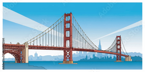 Modern vector illustration of the Golden Gate Bridge with clean architectural lines and solid colors