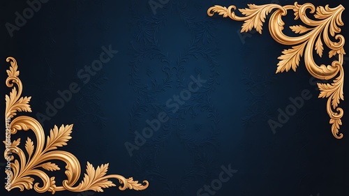 Elegant Gold Baroque Corner Ornaments on Deep Blue Damask Background: Luxury Design Template