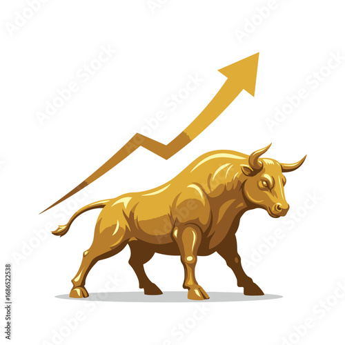 Golden bull with upward trending arrow symbolizing financial growth and market success animal finance