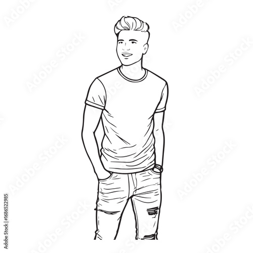 Handsome Man Black and White Illustration Vector Image Male Portrait Fashion Sketch Line Art Design