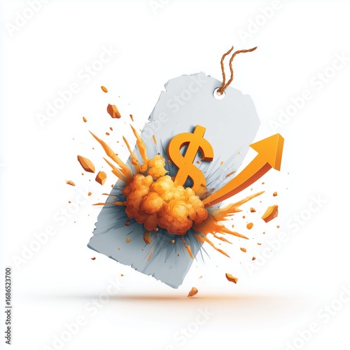 Price Explosion: Illustrating the sudden surge in prices, a price tag is caught in a dynamic explosion with a dollar symbol and upward arrow, conveying the concept of inflation, rising costs.