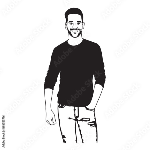 Handsome Man Black and White Illustration Vector Image Male Portrait Fashion Sketch Line Art Design