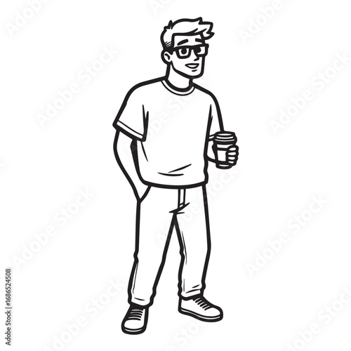 Handsome Man Black and White Illustration Vector Image Male Portrait Fashion Sketch Line Art Design
