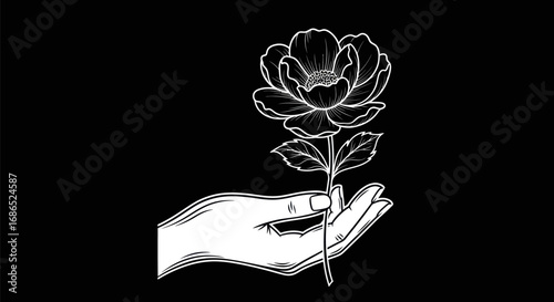 Artistic sketch of a human hand presenting a single flower.