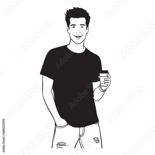 Handsome Man Black and White Illustration Vector Image Male Portrait Fashion Sketch Line Art Design