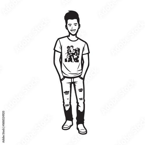 Handsome Man Black and White Illustration Vector Image Male Portrait Fashion Sketch Line Art Design