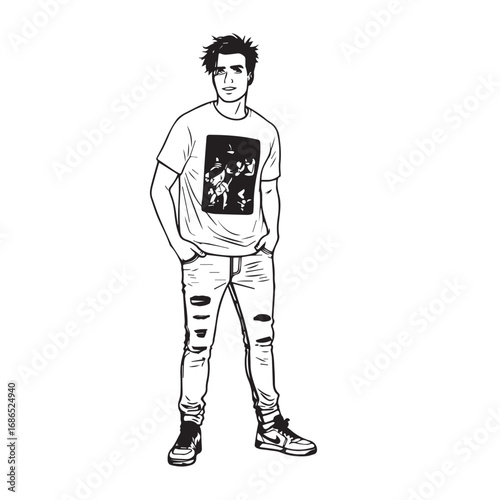 Handsome Man Black and White Illustration Vector Image Male Portrait Fashion Sketch Line Art Design