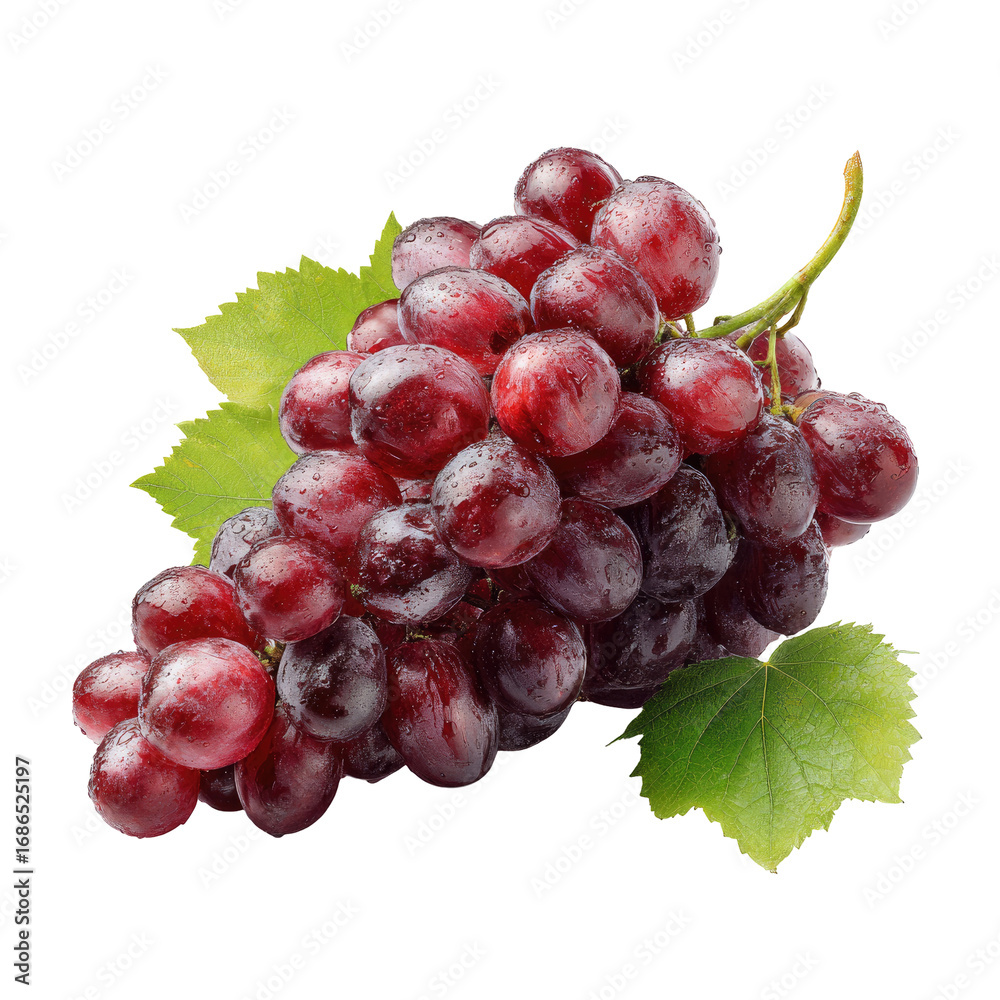 Fototapeta premium Close-up of a bunch of red grapes with leaves (1)