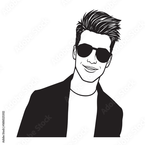 Handsome Man Black and White Illustration Vector Image Male Portrait Fashion Sketch Line Art Design