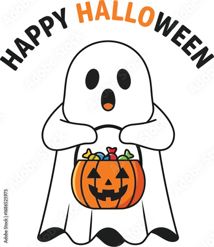 Cute ghost holding pumpkin bucket with candies and happy halloween text, vector illustration for greeting card or banner
