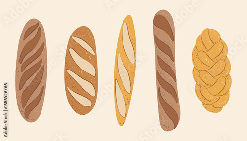 Assorted bread loaves and baguettes, ideal for bakery menus, food blogs, or cooking designs.