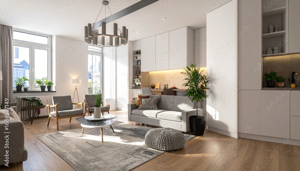 Fototapeta premium Cozy Modern Living Room with Natural Light and Minimalist Decor