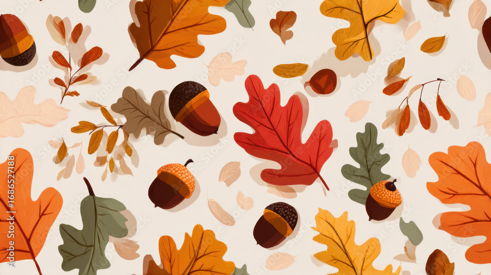 Fototapeta premium Seamless pattern of colorful autumn oak leaves and acorns on light background