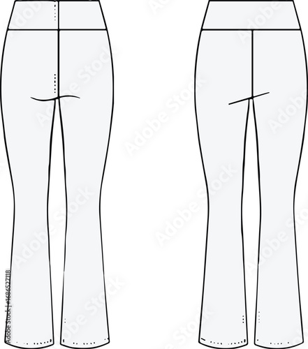 Women’s flared pants flat sketch, front and back view, high waist fitted trousers technical fashion drawing template, casual and formal apparel design