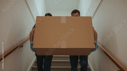 Two men carrying large cardboard box down the stairs.  Professional movers  