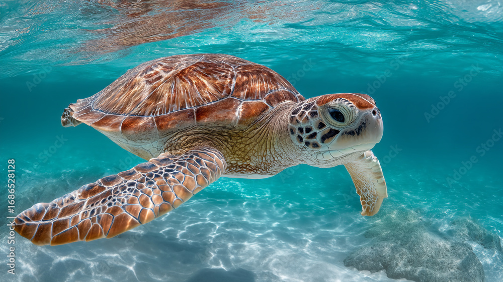 Fototapeta premium A sea turtle swimming gracefully in clear turquoise water near a sandy ocean floor surface