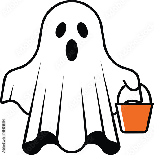 A cute cartoon ghost carrying a pumpkin bucket, a spooky and fun illustration for halloween designs and decorations