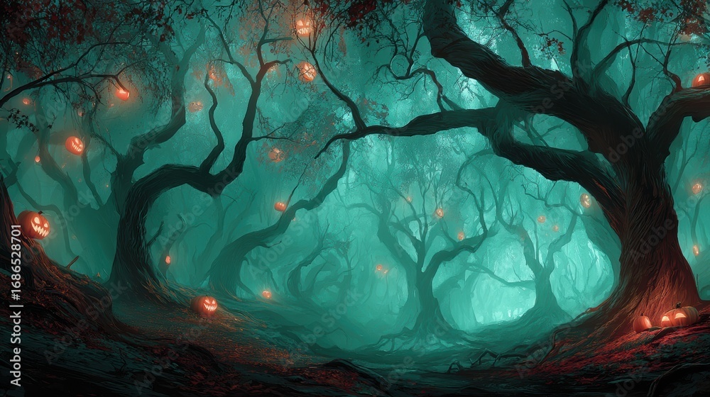 Fototapeta premium Mysterious forest with twisted trees and floating jack-o'-lanterns, glowing green mist, surreal matte painting, dark teal and crimson accent, fantasy atmosphere