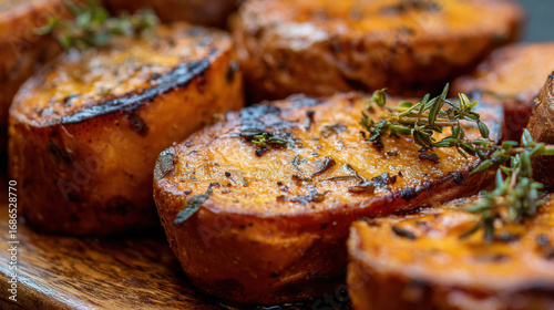 Roasted sweet potato rounds with thyme and caramelized edges on a wooden platter