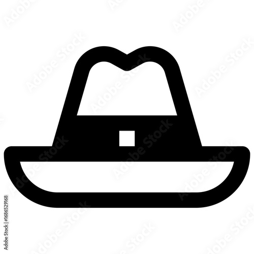Fedora hat. Outlined stroke vector icon with black-filled details.