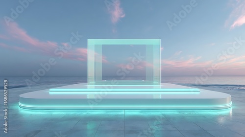 Fototapeta Naklejka Na Ścianę i Meble -  Futuristic neon podium display with abstract sky background