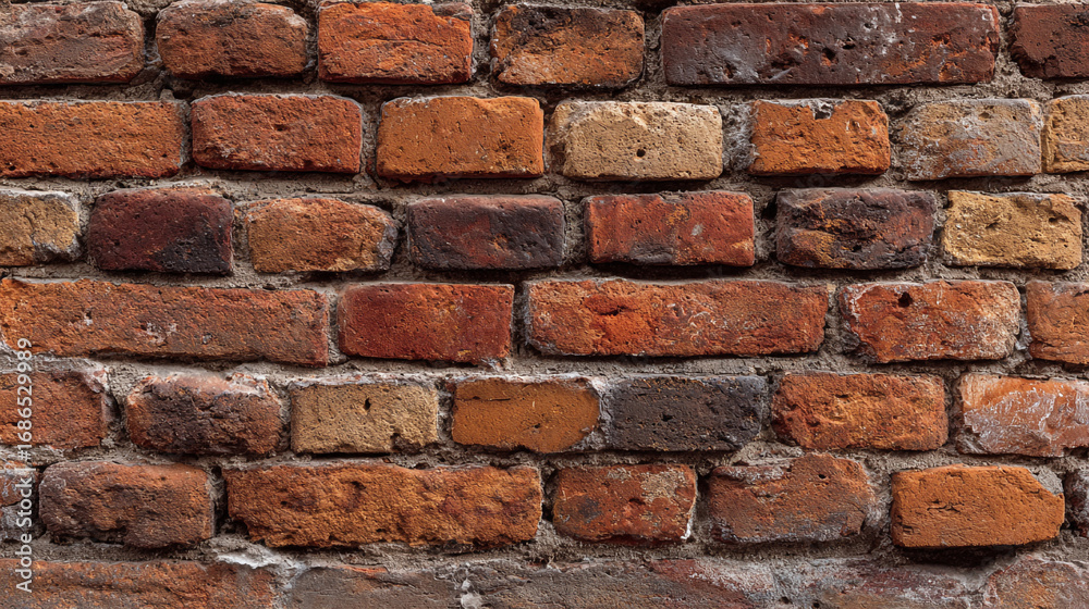 Fototapeta premium A detailed close up shot showcasing an old brick wall with varied shades of red and textured surfaces
