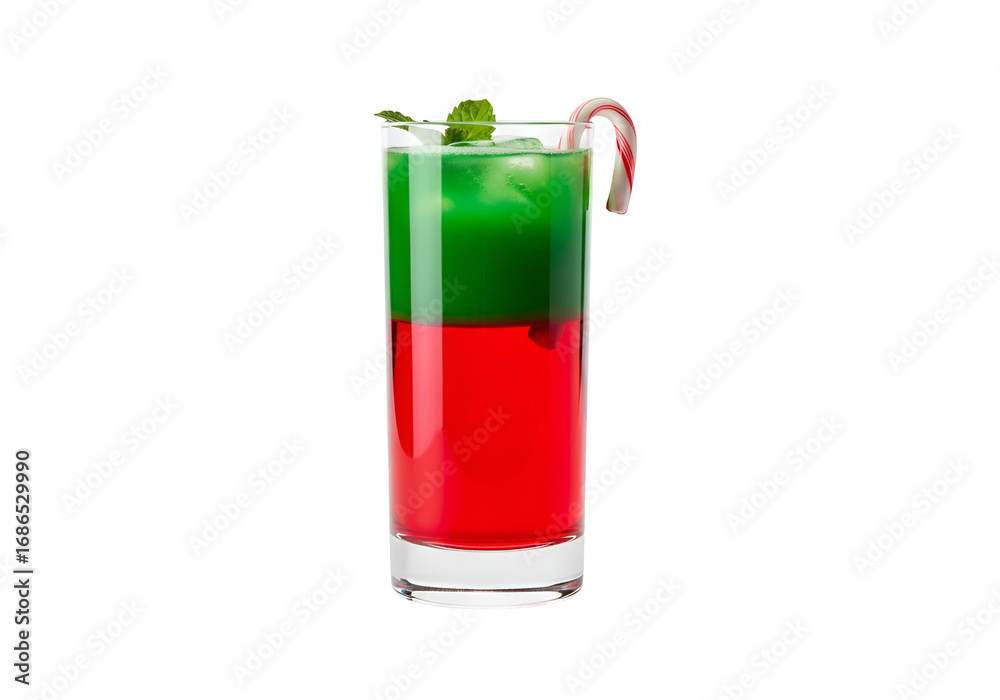 Obraz premium A festive layered cocktail with vibrant green and red colors, garnished with mint leaves and a candy cane.