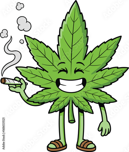 Cartoon cannabis leaf mascot, smiling with lit joint, marijuana culture illustration, relaxed stoner character design, green leaf anthropomorphic artwork conceptCartoon cannabis leaf mascot