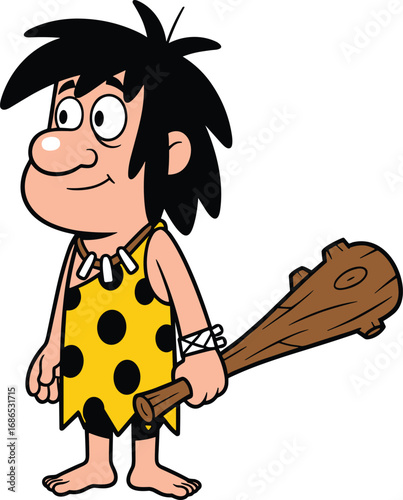 Cartoon caveman character with wooden club, prehistoric man illustration in yellow tunic with bone necklace for education, entertainment, or mascot design