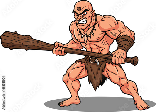 Cartoon muscular caveman with wooden club, angry prehistoric warrior character illustration for games, education, mascot design, and primitive adventure artwork