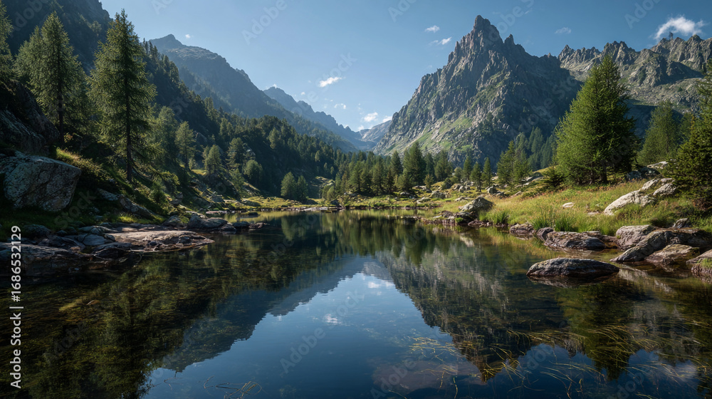 Fototapeta premium Mountain lake reflecting the scenic landscape of trees and mountains under a clear blue sky view