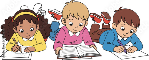 Children studying together, kids doing homework, group learning activity, reading books, writing notes, education concept, schoolwork, teamwork
