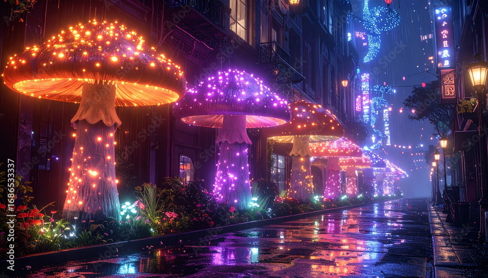 Obraz premium fantasy glowing mushrooms on city street at night