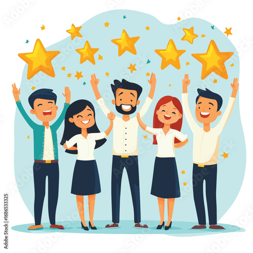 Group of professionals celebrating success and achievement with golden stars representing excellent performance and top quality feedback , vector style simple color