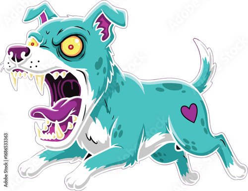 Fierce turquoise cartoon dog with bulging eyes, sharp fangs, and purple tongue, aggressive animal mascot illustration, energetic expressive canine character design