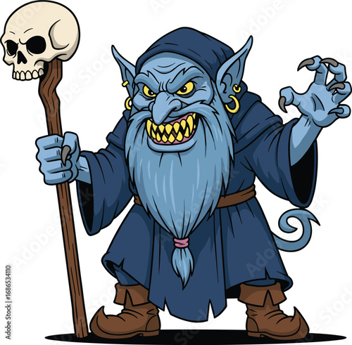 Blue fantasy goblin shaman, cartoon villain character, magical staff with skull, evil sorcerer, mythical creature, dark wizard, fantasy art, mystical monster, enchanted villain design
