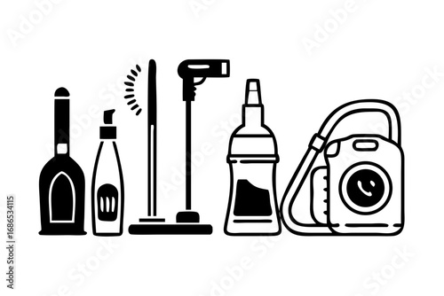 Cleaning equipment icons for hygiene and sanitation