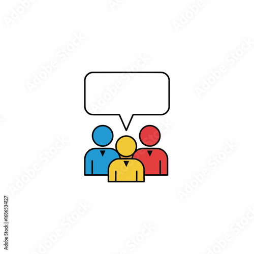 Simple illustration of three people with a speech bubble, representing communication and discussion.
