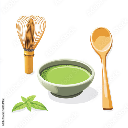 Matcha tea preparation set with whisk bowl and spoon.