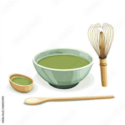 Matcha tea set green tea powder traditional Japanese drink.