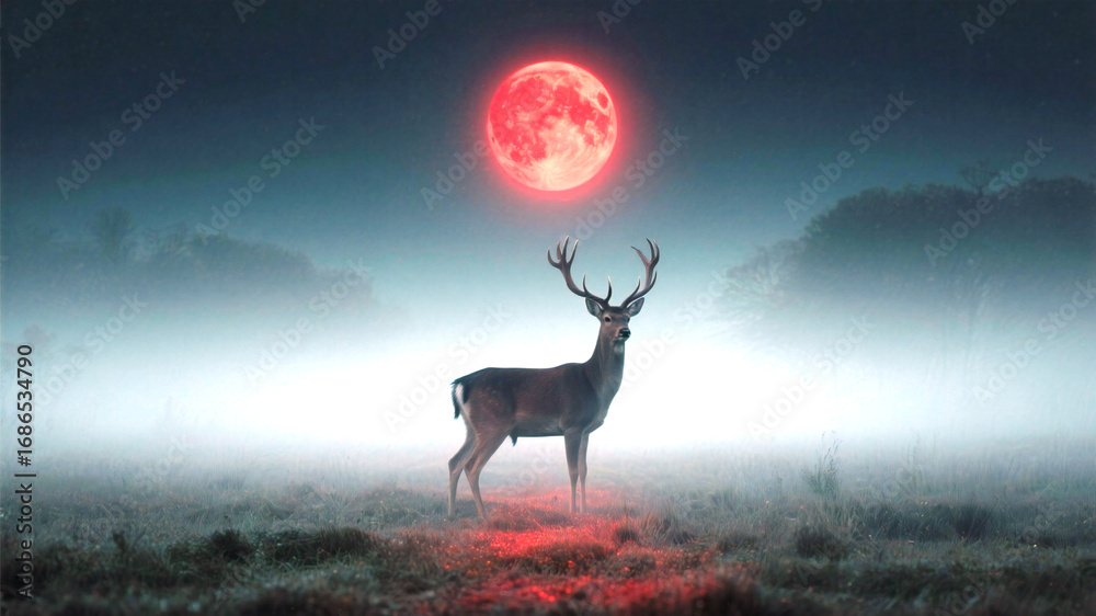 Naklejka premium Red Moon Majestic stag stands in a mystical, ethereal landscape bathed in vibrant red moonlight, evoking a sense of wonder and fantasy for creative projects