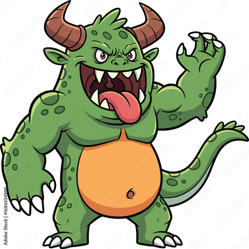 Fototapeta premium Cartoon green monster with horns and claws, fierce fantasy creature illustration for games, comics, and playful mascot or adventure design themes