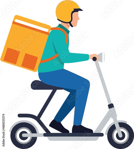 Illustration of a delivery person on an electric scooter with a large yellow delivery box on their back