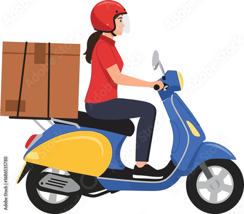 Active delivery woman in a helmet speeding on a motor scooter for quick and efficient parcel shipment