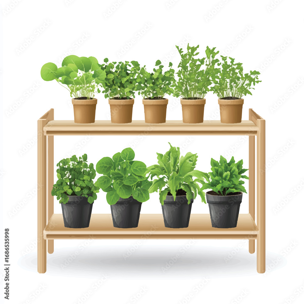 Fototapeta premium Potted Herbs and Plants on a Wooden Shelf.