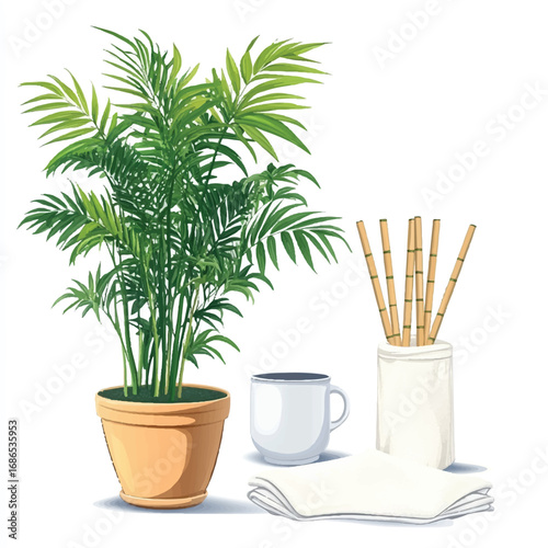 Potted Areca Palm with Coffee Cup and Bamboo Sticks.