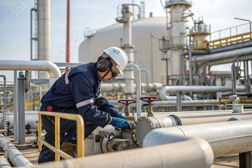 Man in a blue jacket is working on a pipe