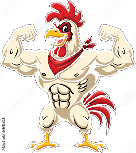 Muscular cartoon rooster flexing biceps, strong farm animal mascot, confident bodybuilding chicken character, humorous fitness illustration, powerful anthropomorphic poultry design